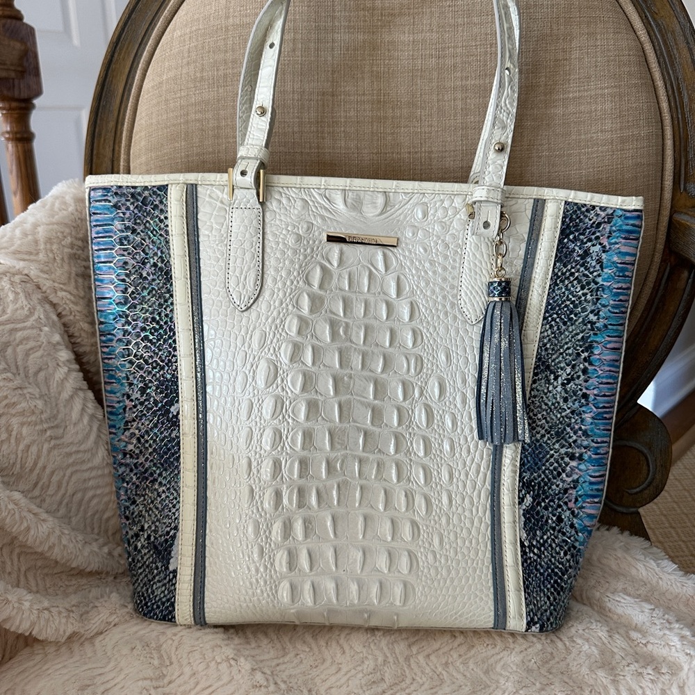 Brahmin Daydream Junebug White and Blue Croc Embossed Tote